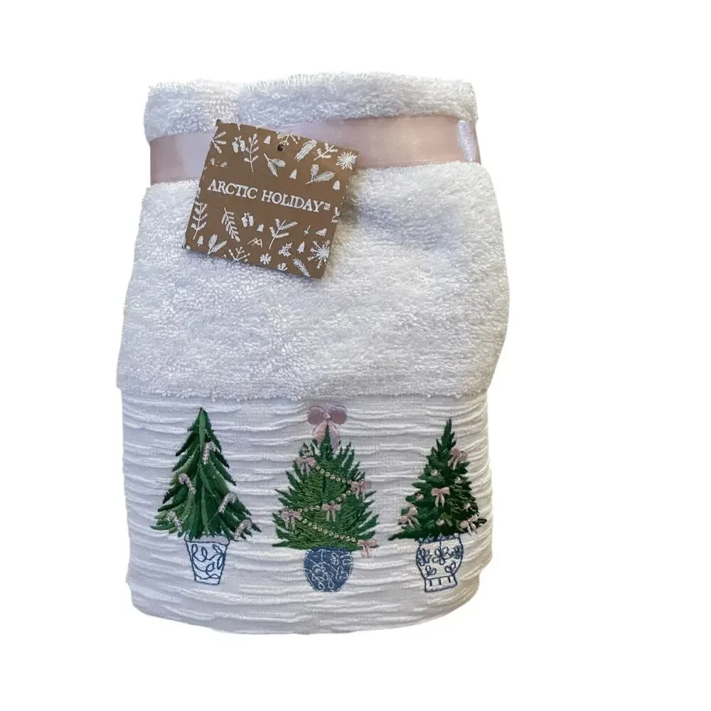 Christmas Hand Towels 2pc Embroidered Chinoiserie Christmas Trees Cotton NEW